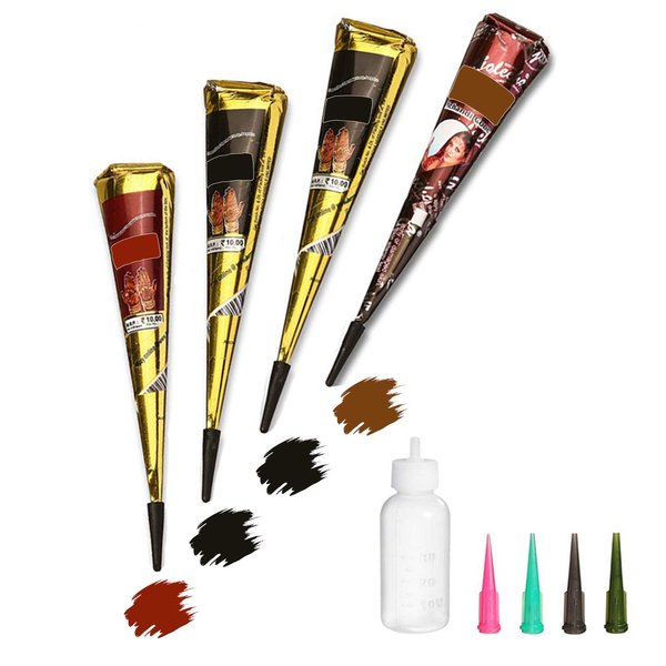 Tizoerly Temporary Tattoos Kit, 4Pcs Semi Permanent Tattoo Paste Cones, India Body DIY Art Painting for Women Men Kids, Freehand Plaste with 3 Colors, 20× Adhesive Stencil,1× Bottle,4× Nozzles