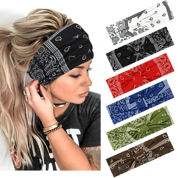 YARIEW Hairband - Wide Bandana Headbands for Women, 6pcs Stretch Knotted Headband, Boho Style Head Bands, Non-Slip Yoga Workout Hair Accessories for Women Girls