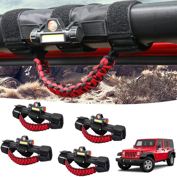 GAIZON 4 Pack Grab Handles Roll Bar Paracord for Jeep Wrangler Accessories Sahara Freedom Rubicon CJ YJ TJ JL JK LJ JLU JKU,Gladiator JT 1955-2023 Interior Accessory,Grip Handle with LED Light(Red)