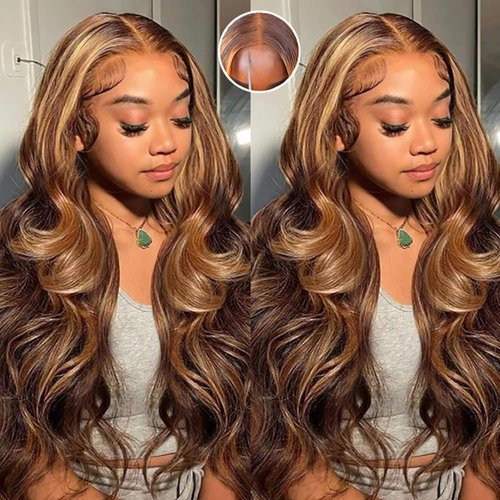 IDHERE Wear and Go Glueless Wigs Human Hair Pre Plucked Pre Cut Ombre Highlight 4/27 Lace Frontal Wigs Human Hair 8x5 HD Lace Front Wigs 26 Inch Body Wave Honey Blonde Wig 180% Density