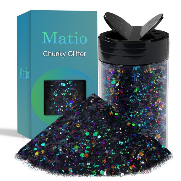 Matio Holographic Chunky Glitter, 7.8oz/220g Black Craft Glitter for Resin Chunky Nail Flake Sequin Mixed Fine Glitter Powder Bulk Holographic Glitter for Nail Art DIY Tumbler Cosmetic Festival Decor