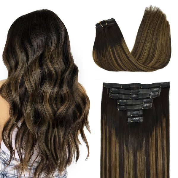 GOO GOO Clip in Hair Extensions Real Human Hair, 18inch 130g 7Pcs, 1B/6/1B Balayage Natural Black to Chestnut Brown, Remy Human Hair Extensions Clip ins for Women, Natural Human Hair