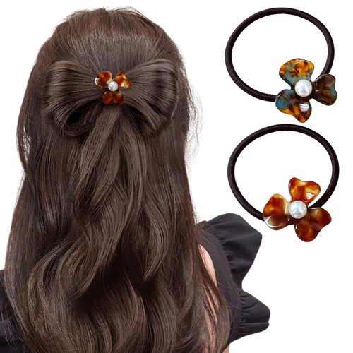 Flower Hair Scrunchies for Women Red White Elastic Hair Ties Flower Thin Hair Ties Floral Ponytail Holder Spring Hair Accessories Hair Bands 2Pcs (B)