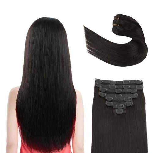 Clip in Hair Extensions Real Human Hair, 12" 90g Straight Hair Extension Clip ins with Lace Weft, 8 Pcs Weft with 20 Pcs Clips (#1B Natural Black, 12 Inch)