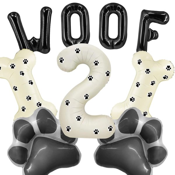 Dog Theme Balloons - 2nd Dog Birthday Party Decorations, 40 Inches Number 2 Foil Balloons, Paw and Bone Balloons, WOOF Letter Balloons, Paw Prints Stickers for Pet Kids Dog Birthday Party Supplies