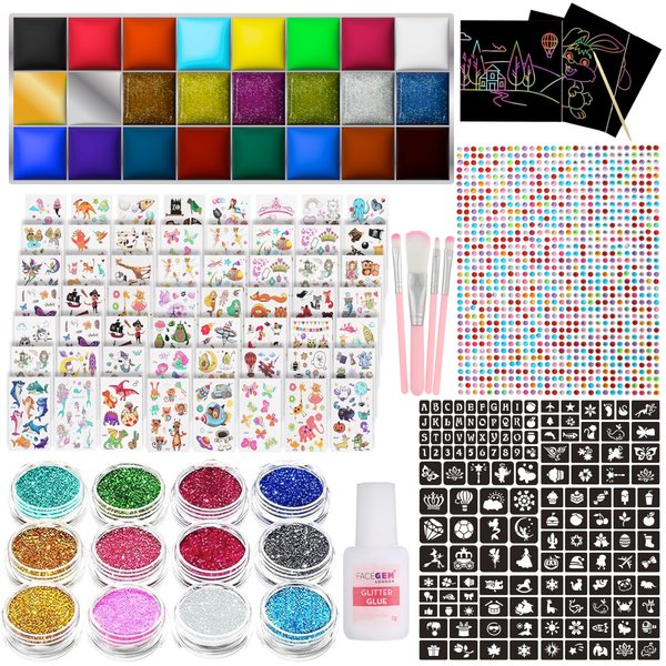 Face Paint Kit, Face Paint, Glitter Tattoos for Kids, Face Gems, Temporary Tattoos, Face Glitter, Girls Birthday Present, Face Paint for Children, Festival Accessories