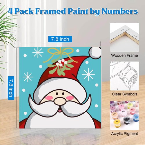 Yijingtop 4 Pack Christmas Paint by Number for Kids Ages 4-8,Cute Animals Easy Acrylic Paint by Number for Kids On Canvas,Oil Painting Paint by Number Kits Present for Kids(Framed)