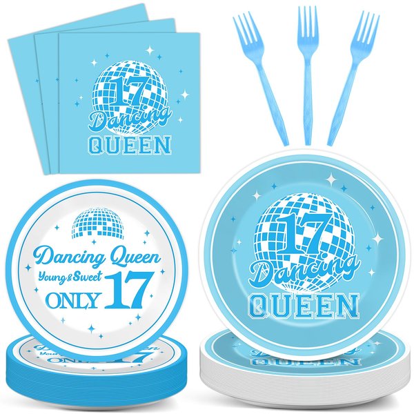 96Pcs Dancing Queen 17th Birthday Party Supplies Young and Sweet Only 17 Birthday Paper Plates Napkins Disposable Dancing Queen Disco Dinnerware for Party Bachelorette Decoration Serve 24