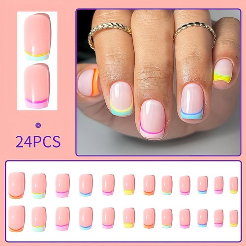 Rainbow French Nail Tips for Women Girls Press on Nails Acrylic Fake Nails with Design Medium Square Oval False Nails with Nail Glue Adhesive Tabs Nail File