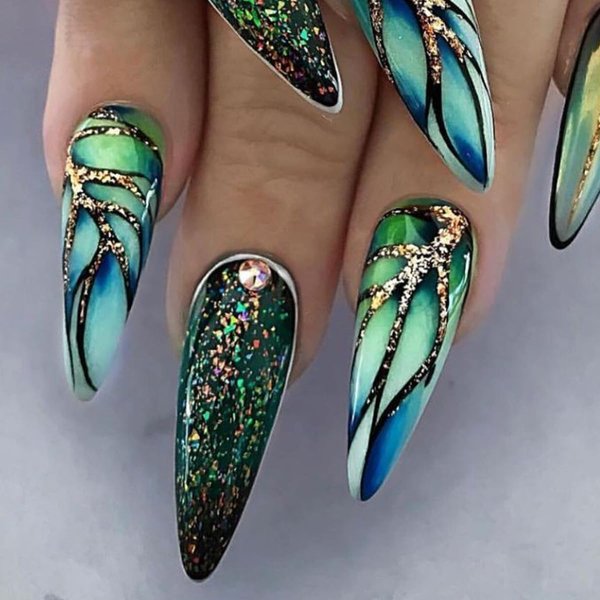 Press on Nails Long Stiletto False Nails Green Ombre Fake Nails Glitter Glue on Nails with Leaf and Rhinestones Designs Gradient Full Cover Nails Almond Press Ons Gift for Women 24 Pcs (Turquoise)