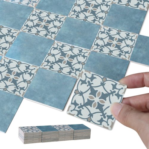 iLAND Dollhouse Flooring on 1/12 Scale 1/6 Scale, Miniature Dollhouse Accessories, 60pcs Double-Sided Dollhouse Floor Tiles (Luxury Rococo Floral & Blue Marble Tiles)