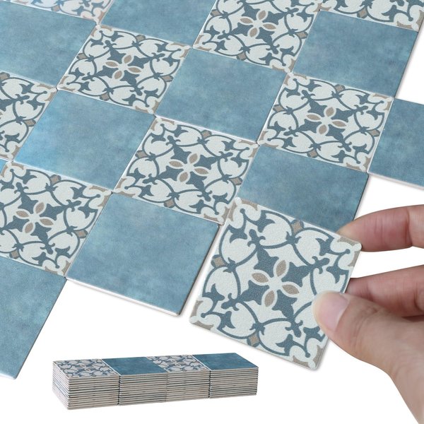 iLAND Dollhouse Flooring on 1/12 Scale 1/6 Scale, Miniature Dollhouse Accessories, 60pcs Double-Sided Dollhouse Floor Tiles (Luxury Rococo Floral & Blue Marble Tiles)