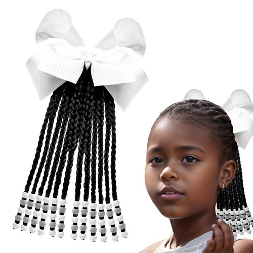 Kids Ponytail Extension Girls Braids Hair Extensions With Beads Hair Extension Braid Synthetic Hairpieces With Bows Wigs Beaded Braided Clip For Girls Toddler Children Gift(White, 9inch)