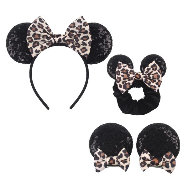 zhezesmila Leopard Mouse Ears Headband Classic Mouse Ears Clips & Mouse Ears Scrunchies for Women, Girls, Princess Headband Accessories, Animal-Leopard Party Headwear for Adults Girls