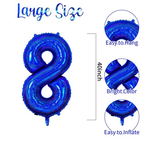 Number 8 Balloon 40 inch, Dark Blue Big Number Balloon, Giant Foil 8 Balloons Number, Helium 8th Birthday Balloons for Kids Boys Girls Birthday Party Decorations Wedding Anniversary Event Supplies
