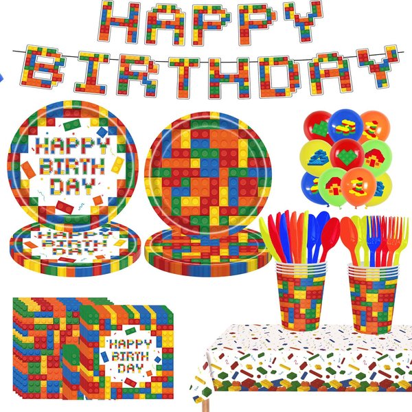 blocks birthday decorations,kid building party plates backdrop:190PCS Block Party Supplies for Boys and Girls