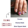 4th of July Press on Nails Short Square False Nails with Red White and Blue Flag Design Patriotic Fake Nails for Women Girls 24Pcs