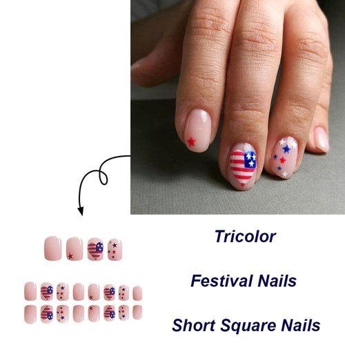 4th of July Press on Nails Short Square False Nails with Red White and Blue Flag Design Patriotic Fake Nails for Women Girls 24Pcs