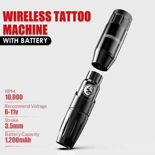 Tattoo Kit, Wormhole Tattoo Gun Wireless Tattoo Machine with Tattoo Battery Pack Power Supply, RCA Tattoo Cord, Type-C Cable, Wireless Rotary Tattoo Machine Tattoo Pen CHD01-A(1,200mAh+Black)