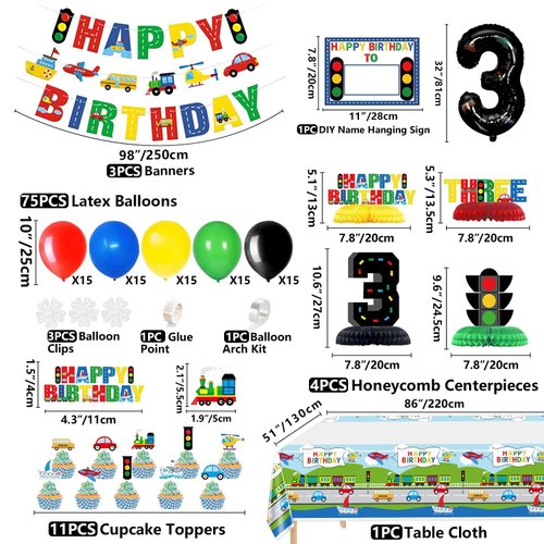 Transportation Birthday Party Supplies for 3 Years Old, Includes Happy Birthday Banners, Centerpieces, Tablecloths, Cake Toppers and 76 Balloons for Kids Transportation Theme 3rd Birthday Party