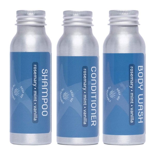 Travel Size Shampoo, Conditioner and Body Wash - Rosemary, Mint, Vanilla - Sulfate Free, Refillable Bottle, 2.5 oz