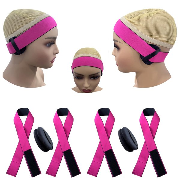ulovmly Elastic Bands for Wig, Lace Melting Band to Lay Edges,4 Pcs Elastic Wig Band with Ear Covers Rose Red