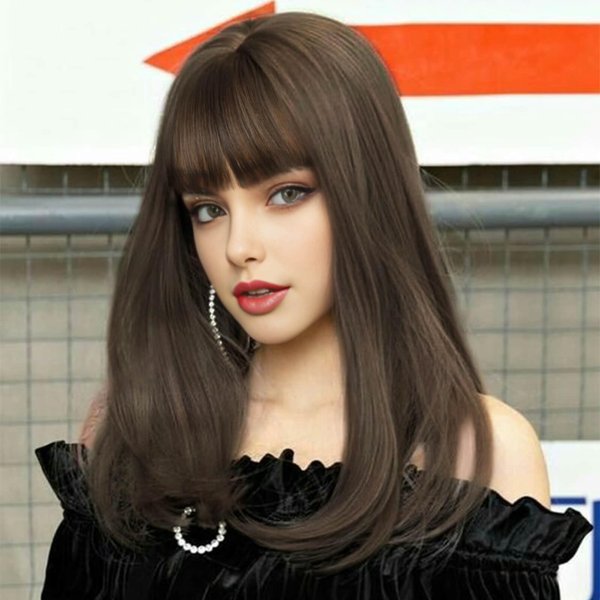 MIMAN 19 Inch Long Dark Brown Straight Hair Wigs with Bangs Synthetic Hair Wig Halloween Costume Wigs for Women Hair Replacement Wigs