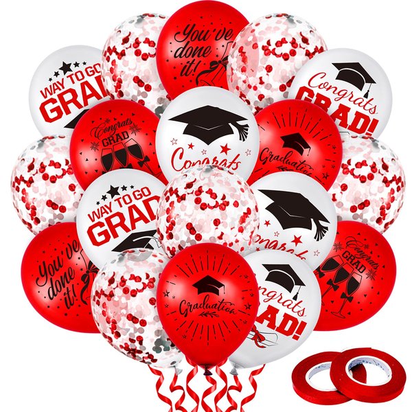 Whaline 60Pcs Graduation Party Balloon Set 7 Designs Confetti Latex Balloon with 2 Rolls Red Ribbon Grad Cap Congrats Grad Balloon for Graduation Party Decoration Supplies (Red, White)