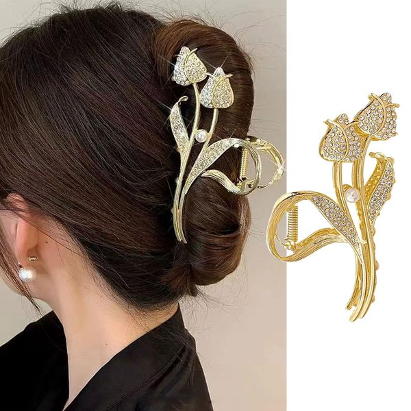 Tulip Hair Clips with Pearl Rhinestones Gold Flower Metal Hair Accessories for Women Girls Elegant Tulip Hair Claw Clips Shiny Hairpins Strong Hold Hair Clip for Thick or Thin Hair 1 Pcs
