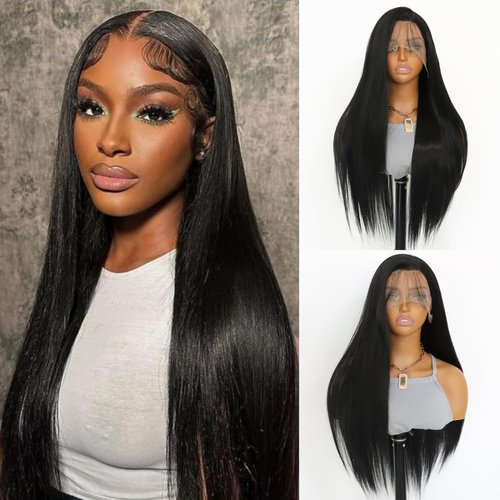 SALLYWELL Black Long Straight Wig Lace Front Synthetic Wigs Natural Hairline Heat-resistant Fiber Wig For Daily Party Use (24Inch)