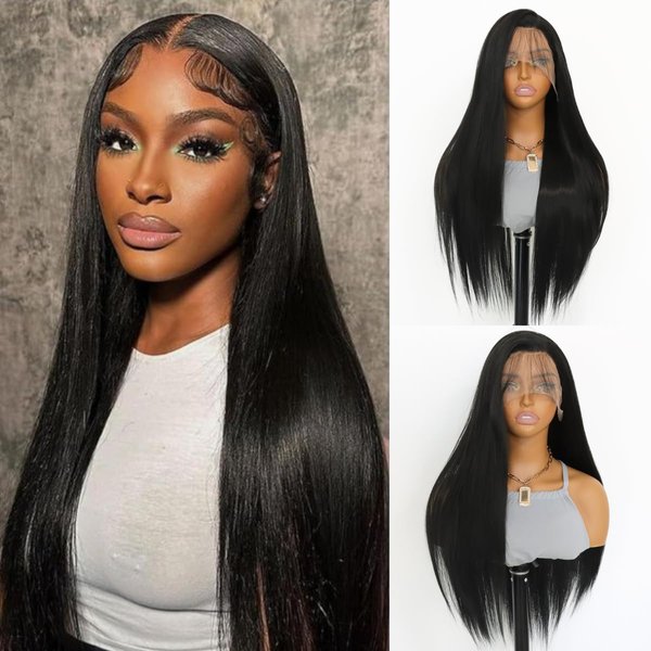 SALLYWELL Black Long Straight Wig Lace Front Synthetic Wigs Natural Hairline Heat-resistant Fiber Wig For Daily Party Use (24Inch)