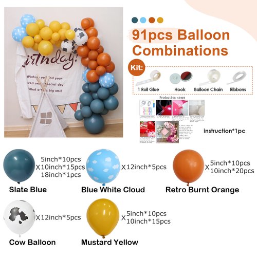 MYDECORBL Balloons Combination,91 Pcs Cow and Clouds Party Balloons Garland Arch Kit Slate Blue Natural Sand Cloud Retro Burnt Orange Mustard Yellow Balloon for Baby Shower Farm Theme Birthday Party