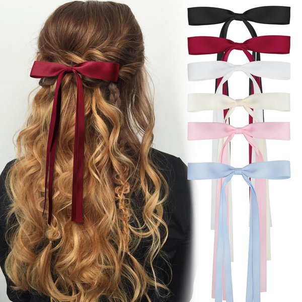 6 Pack Bows Hair Clips Cute Long Hair Rbbon Metal Clip Hair Bows for Women Girls Hair Styling Accessories(6 colors)
