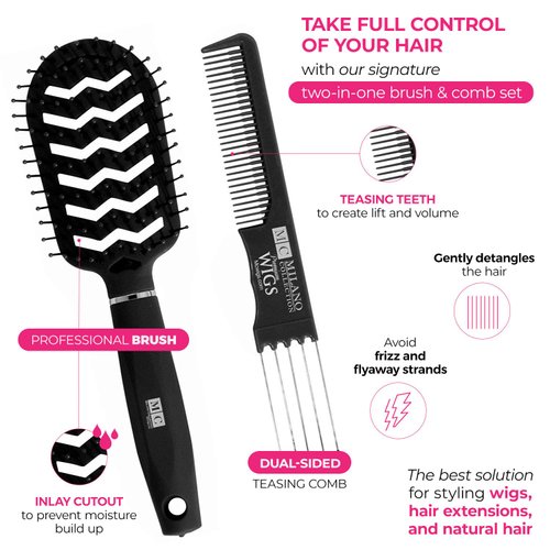 Milano Collection Professional Wig and Extension, No Tangle, Durable, Salon Grade Brush and Teasing Comb Duo, Brush and Comb Set - Black