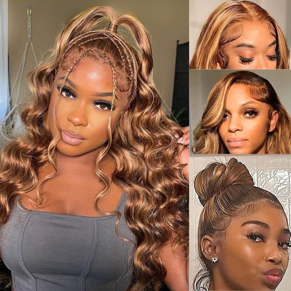 Honey Blonde Highlight 360 Body Wave Lace Front Wig Human Hair Ombre 4/27 Colored Full Lace 360 HD Transparent Lace Brazilian Human Hair Wigs for Women Free Part Pre Plucked 150 Density 18 Inch