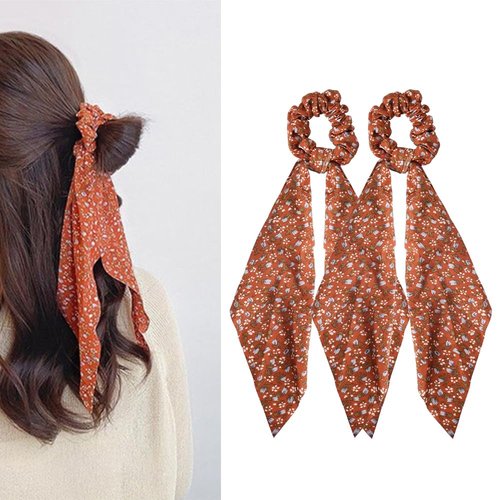 Hair Scarf Scrunchie with Ribbon Floral Hair Ties for Women Girls Hair Scrunchies Rabbit Bunny Ear Bow Floral Print Hair Scarf Ribbon Elastic Hair Bands Ponytail Holders for Women Red Hair Bow Ties