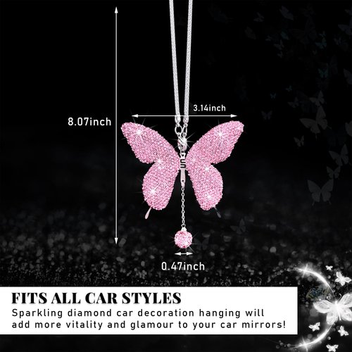 Dickno Bling Butterfly Car Accessories for Women, Diamond Car Rear View Mirror Ornament Pendant, Valentine's Day Gift, Crystal Car Hanging Decoration, Cute Rhinestone Pendant (Pink)