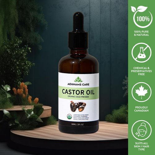 AEHNAMS CARE 100% Pure Castor Oil - USDA Organic, Cold-Pressed, Unrefined, Hexane-Free - 60ml (2oz) for Healthy Skin, Eyelashes, Eyebrows, Hair Growth & Nail Conditioner with Mascara & Eyeliner tube