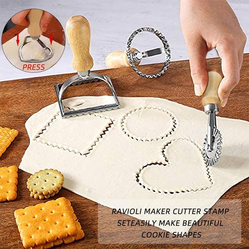 Ravioli Stamp Set, Ravioli Maker Cutter Stamp, Ravioli Stamp Maker Cutter with Roller Wheel Set, Pasta Press Round & Square & Heart Shape Ravioli Mold, 3 Set and Cutter