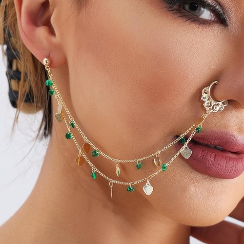 Octwine Women Tassels Green Crystal Nose Rings Earrings Chain Hoops Earrings Chain Fake Nose Ring Chain Non Piercing Nose Rings Earrings to Dangle Halloween Earring for Women (Green)