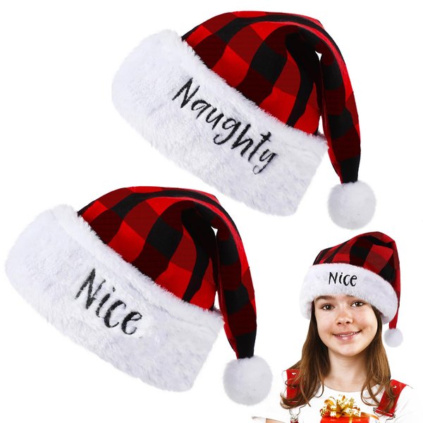 2 Pieces Naughty and Nice Plush Christmas Santa Hats Buffalo Plaid Holiday Hat for Christmas Party Supplies (Red, Black, Children Size)