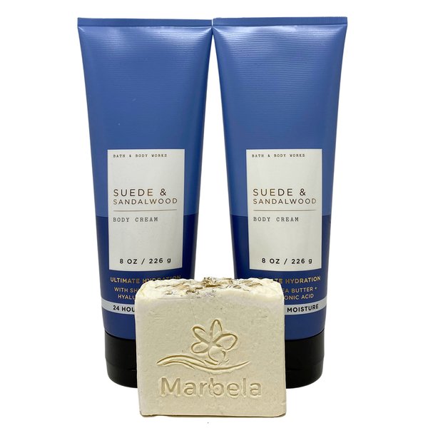Bath & Body Works SUEDE & SANDALWOOD LOT of 2 Ultimate Hydration Body Cream and Natural Oats Bar Soap Gift Set - Full Size