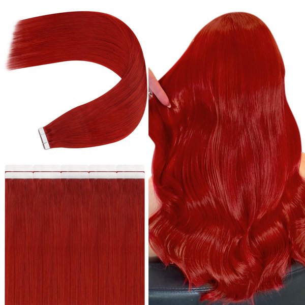 JoYoung Tape on Red Hair Extensions Red Human Hair Tape in Extensions Red Invisible Tape in Hair Extensions Human Hair for Women Red Tape ins Hair Extensions Red Hair 24In 25G 10Pcs