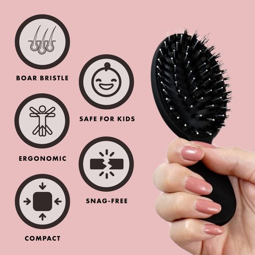 Mini Boar Bristle Brush by Everlong Hair - Adds Shine, Promotes Growth, Scalp Massage & Detangling, Suitable for All Hair Types, Extensions & Wigs, with Ergonomic Matte Black Handle