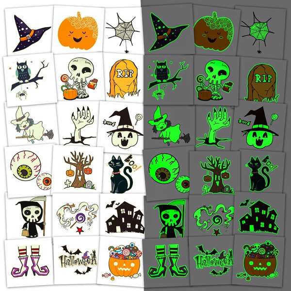 Ozepao 112 Pcs (2" x 2") Glow Halloween Tattoos for Kids, Luminous Halloween Temporary Tattoos for Party Favors Supplies Goodie Bags Gifts Decorations