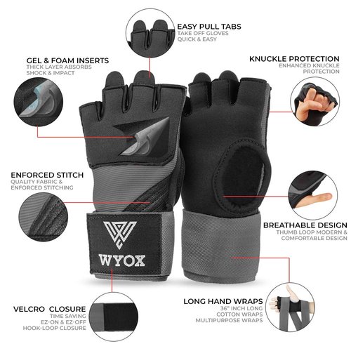WYOX Gel Premium Hand Wraps for Boxing Gloves, Quick 80cm Wrist Wraps, Padded Knuckle Boxing Wraps for Men, Women, Muay Thai Hand Wraps, MMA Kickboxing Martial Arts Inner Glove (Gray, X-Small)
