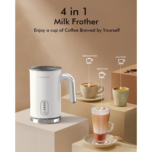 LONGDEEM Milk Frother, 4 in 1 Electric Milk Foamer with Cold & Hot Froth for Latte Cappuccino Automatic Coffee Foam Maker, Stainless Steel, 10 oz/300 ml, Non Stick Coating with Auto Shut Off, White