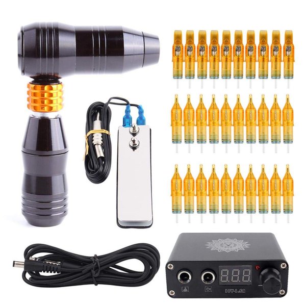 Professional Tattoo “T” Pen Tattoo Kit Rotary Machine with 30pcs Tattoo Cartridge Needles Tattoo Pedal Tattoo LCD Power For Tattoo Supply (BLACK)