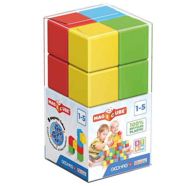 GEOMAG Premium Swiss-Made MagiCube 8-Piece Magnetic Stacking Cubes Building Set, Toddlers & Kids Ages 1-5, STEM Educational Toy, Creativity, Imagination, Early Learning Fun, Crystal Packaging