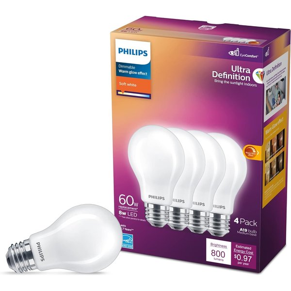 Philips LED Flicker-Free Frosted Dimmable A19 Light Bulb - EyeComfort Technology - 800 Lumen - Soft White (2700K) - 8W=60W - E26 Base - Title 20 Certified - Ultra Definition - Indoor - 4-Pack